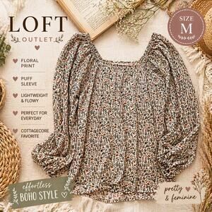 LOFT Outlet Floral Peasant Blouse Medium Boho Cottagecore Puff Sleeve Top